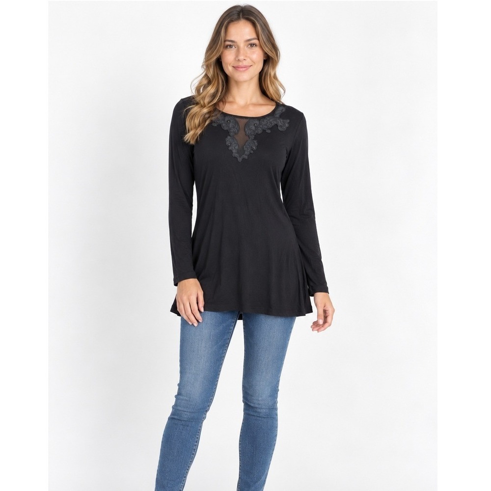 Max Rina Womens Black Long Sleeve Embroidered Mesh Neckline Top Size M